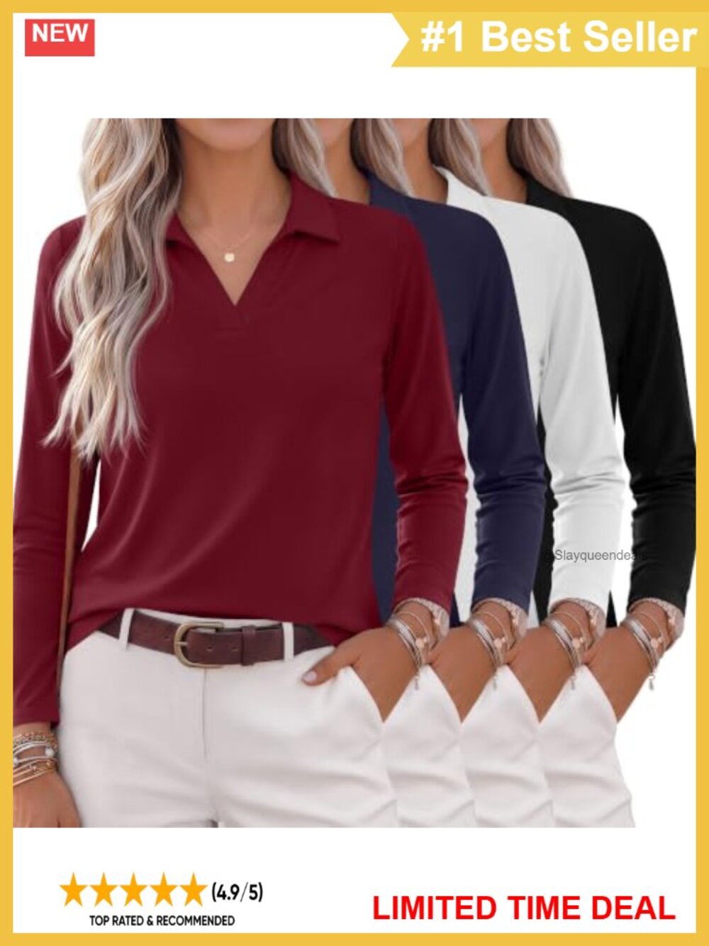 4 Pack Women's Long Sleeve V Neck Polo Tunic Tops Loose Fit Knit Workwear